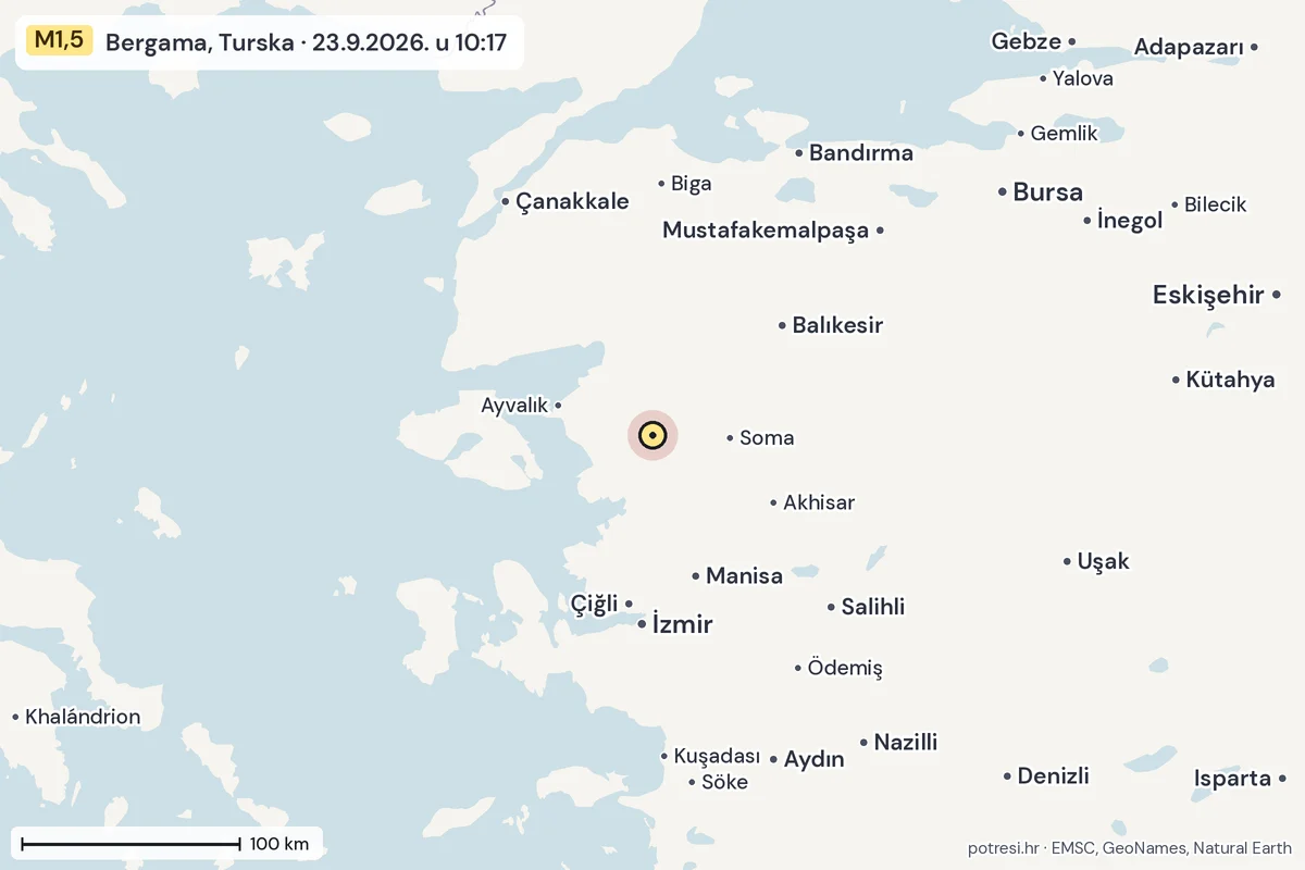 Karta: šire područje, 600 km, potres M1,5, Bergama, Turska, 23.9.2026.