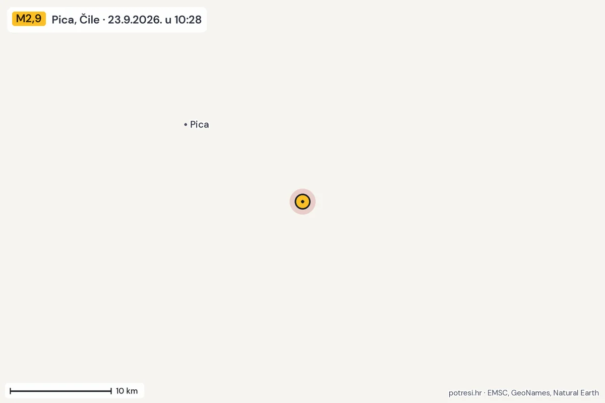 Karta: okolica epicentra, 60 km, potres M2,9, Pica, Čile, 23.9.2026.