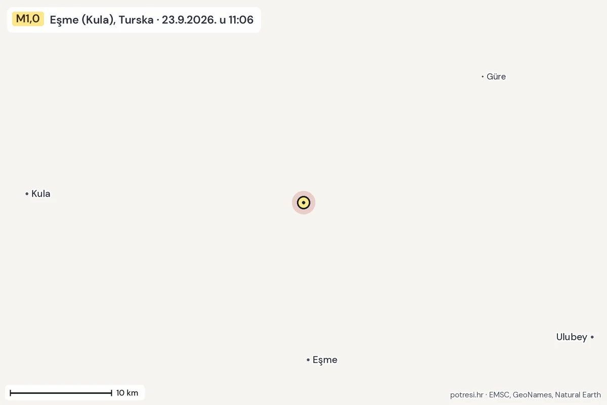 Karta: okolica epicentra, 60 km, potres M1,0, Eşme (Kula), Turska, 23.9.2026.