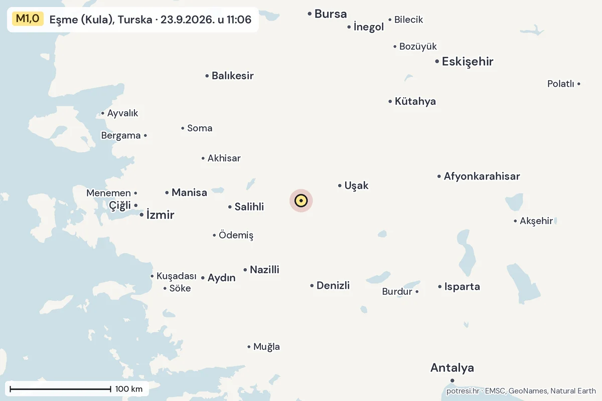 Karta: šire područje, 600 km, potres M1,0, Eşme (Kula), Turska, 23.9.2026.