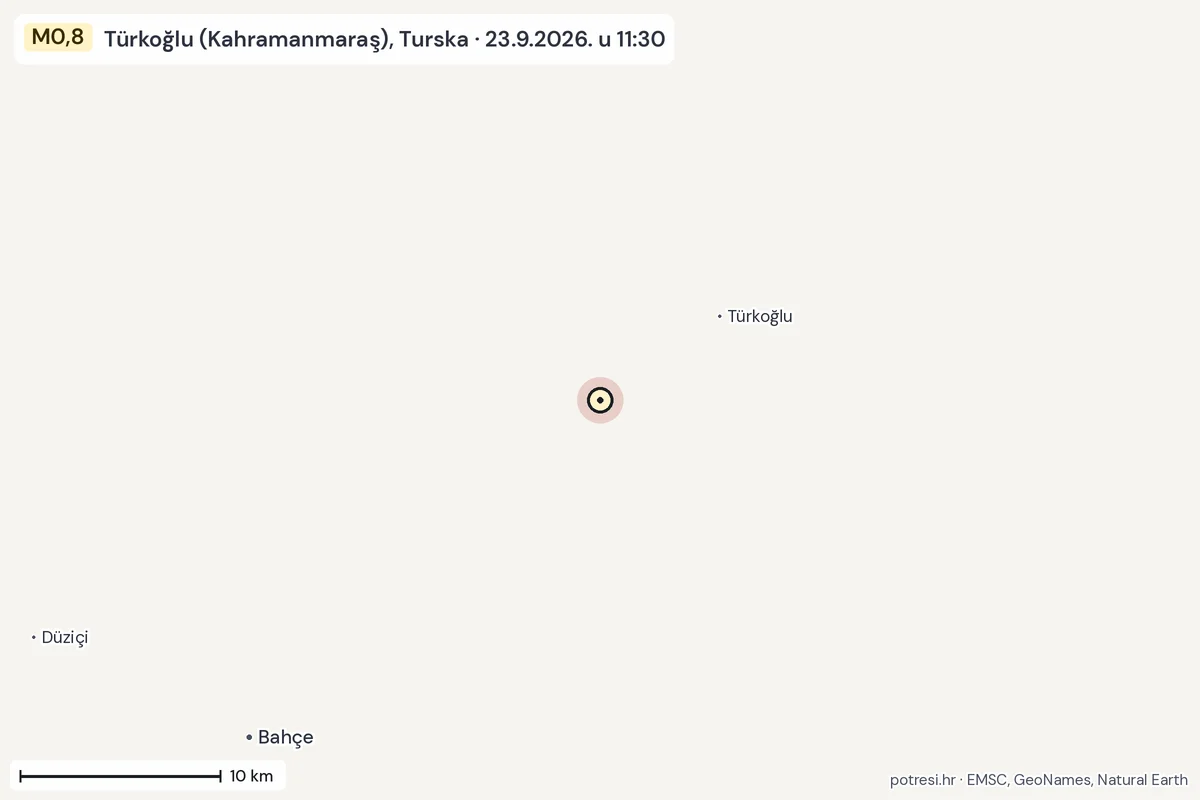 Karta: okolica epicentra, 60 km, potres M0,8, Türkoğlu (Kahramanmaraş), Turska, 23.9.2026.