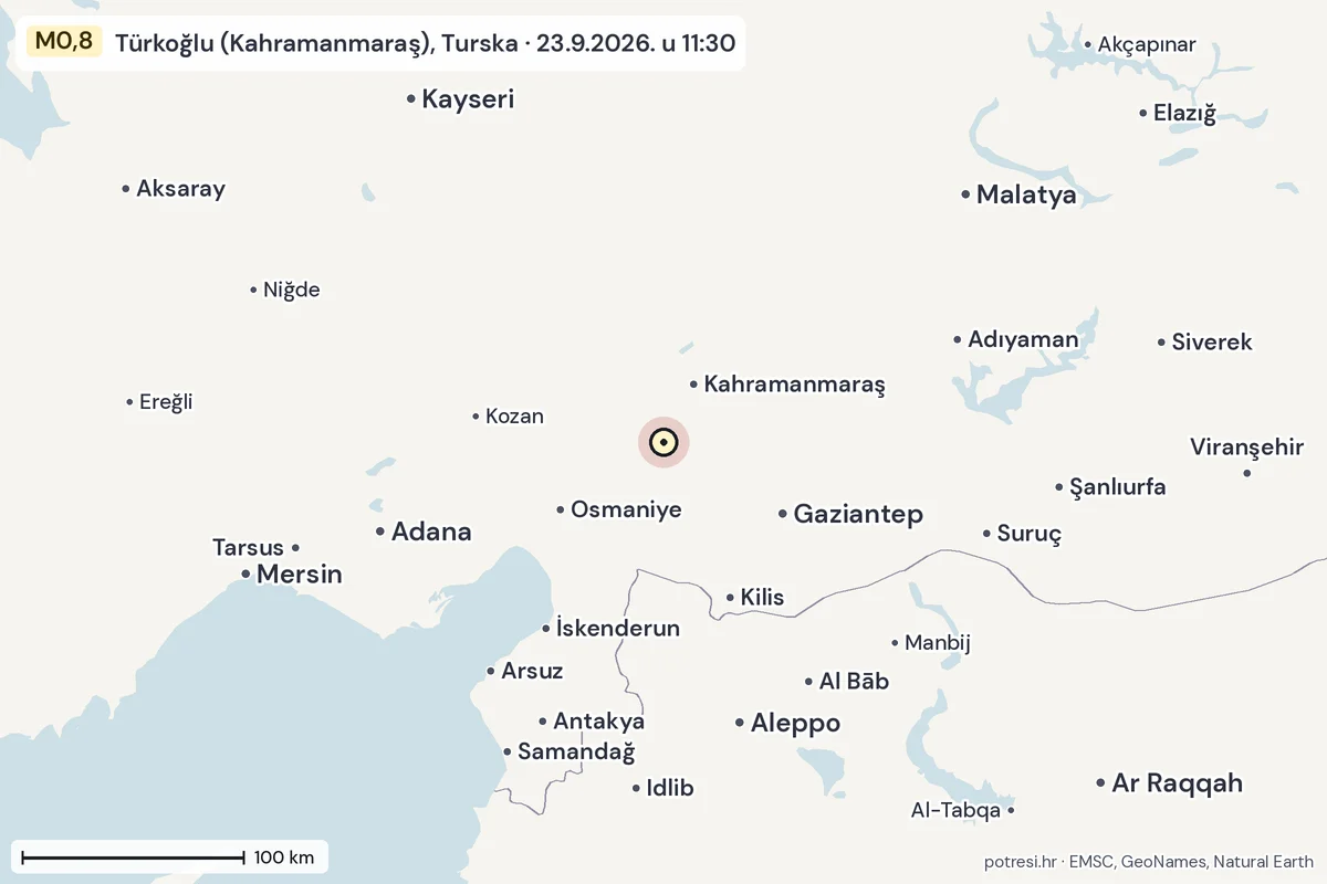 Karta: šire područje, 600 km, potres M0,8, Türkoğlu (Kahramanmaraş), Turska, 23.9.2026.
