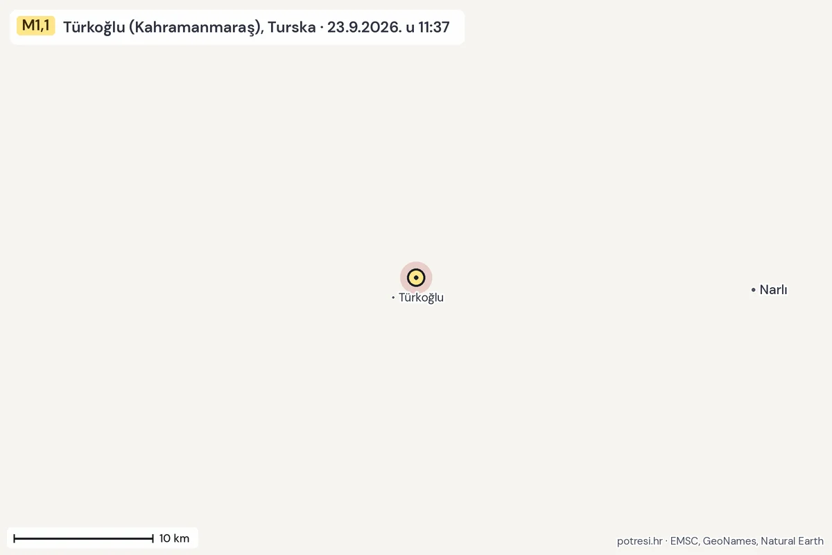 Karta: okolica epicentra, 60 km, potres M1,1, Türkoğlu (Kahramanmaraş), Turska, 23.9.2026.