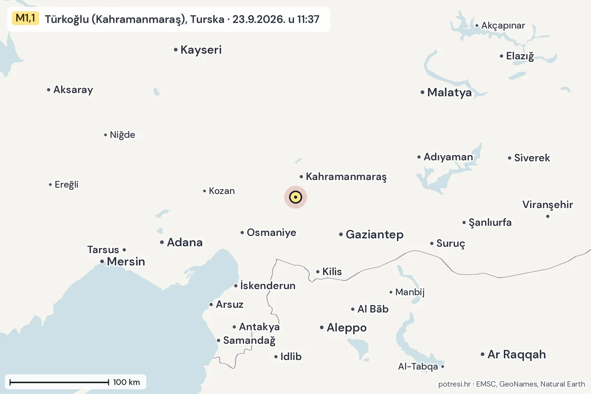 Karta: šire područje, 600 km, potres M1,1, Türkoğlu (Kahramanmaraş), Turska, 23.9.2026.