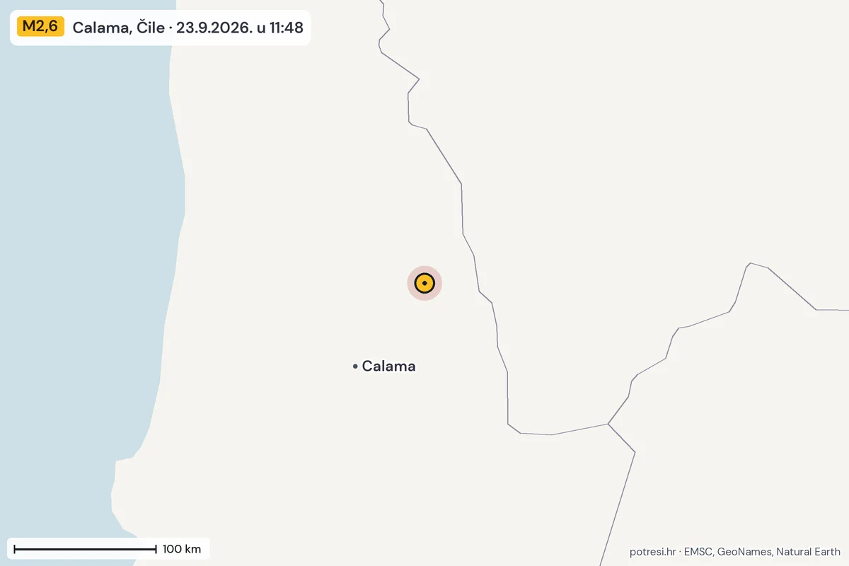 Karta: šire područje, 600 km, potres M2,6, Calama, Čile, 23.9.2026.