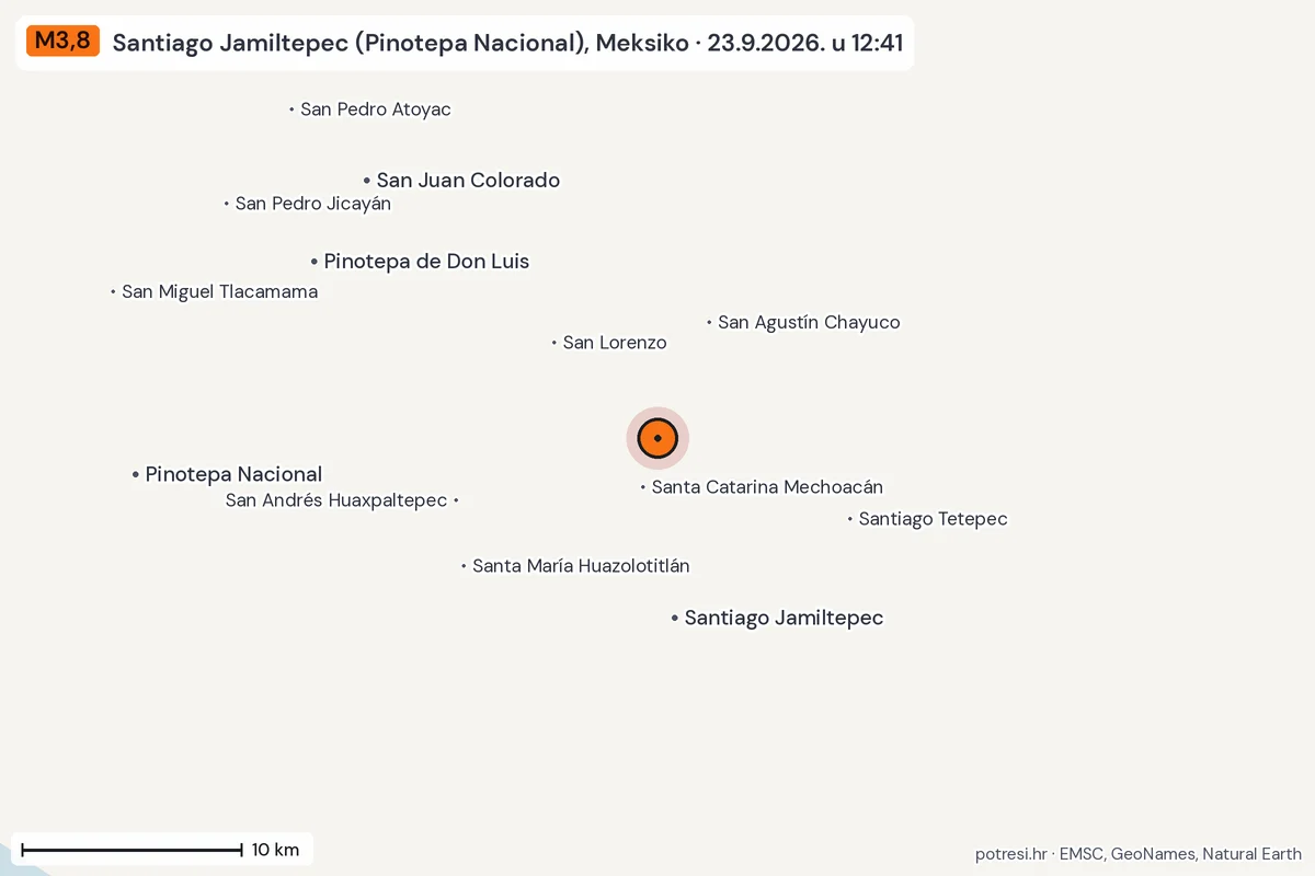 Karta: okolica epicentra, 60 km, potres M3,8, Santiago Jamiltepec (Pinotepa Nacional), Meksiko, 23.9.2026.