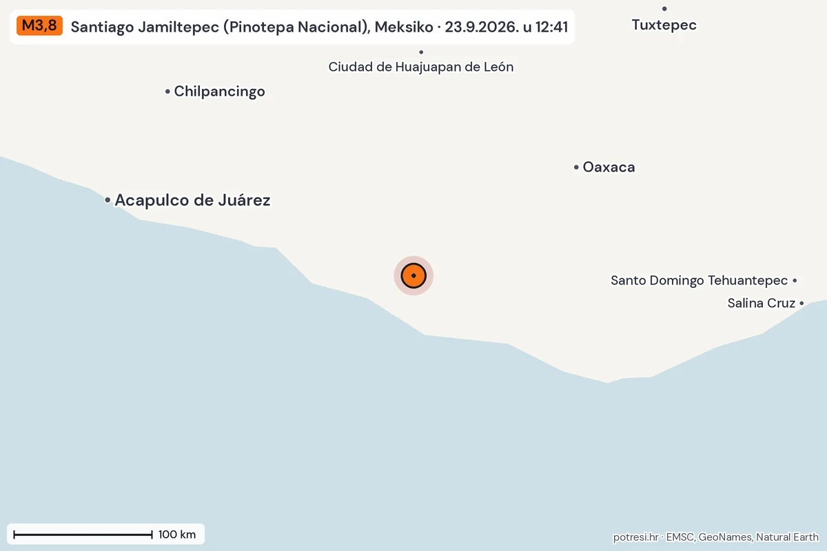 Karta: šire područje, 600 km, potres M3,8, Santiago Jamiltepec (Pinotepa Nacional), Meksiko, 23.9.2026.