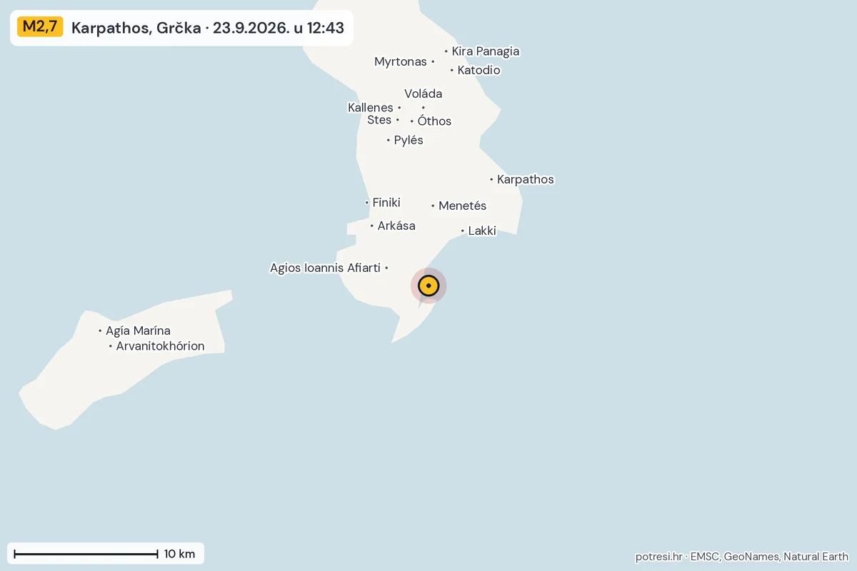 Karta: okolica epicentra, 60 km, potres M2,7, Karpathos, Grčka, 23.9.2026.