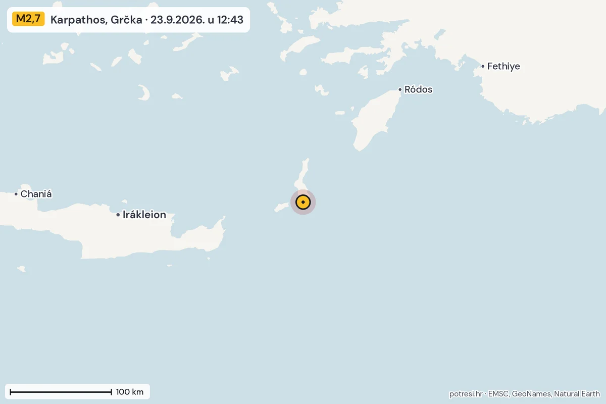 Karta: šire područje, 600 km, potres M2,7, Karpathos, Grčka, 23.9.2026.
