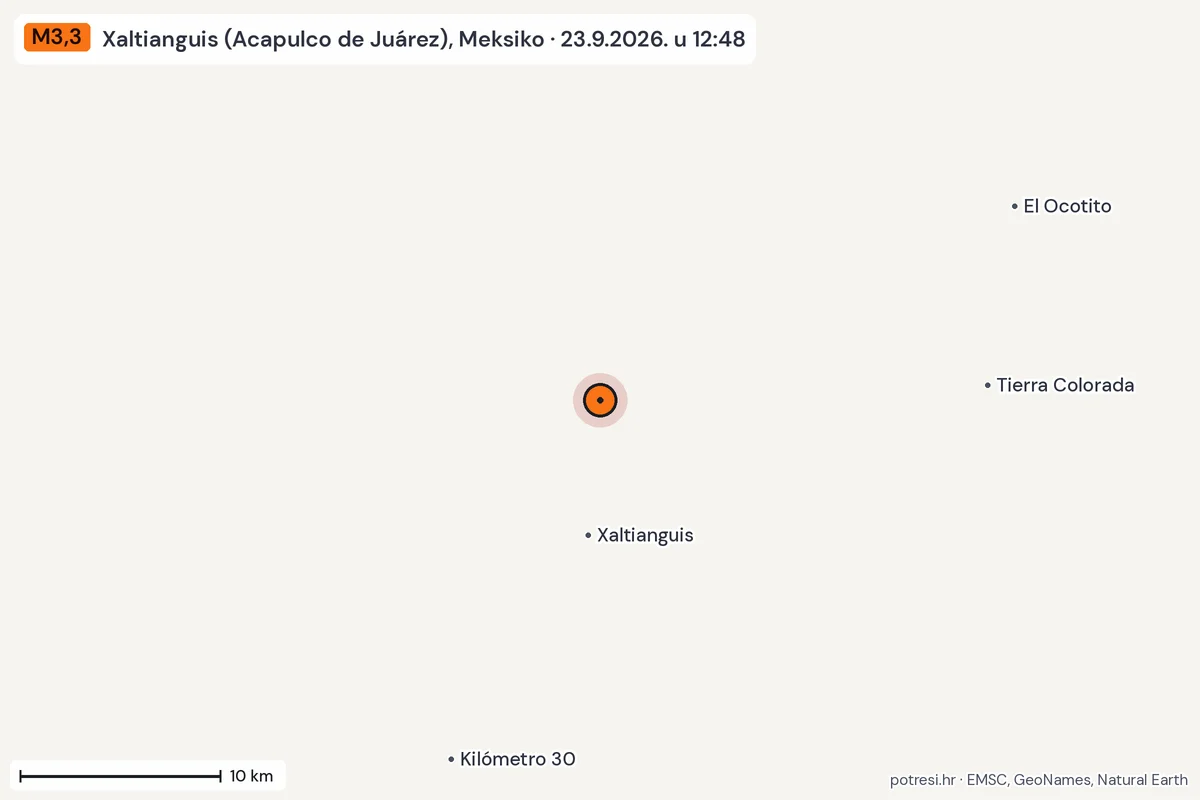 Karta: okolica epicentra, 60 km, potres M3,3, Xaltianguis (Acapulco de Juárez), Meksiko, 23.9.2026.