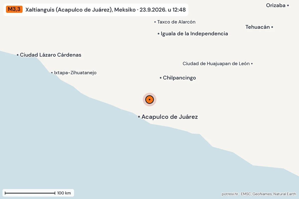 Karta: šire područje, 600 km, potres M3,3, Xaltianguis (Acapulco de Juárez), Meksiko, 23.9.2026.
