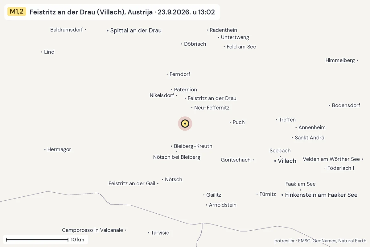 Karta: okolica epicentra, 60 km, potres M1,2, Feistritz an der Drau (Villach), Austrija, 23.9.2026.