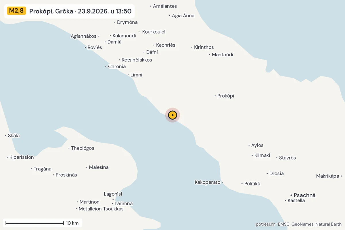 Karta: okolica epicentra, 60 km, potres M2,8, Prokópi, Grčka, 23.9.2026.