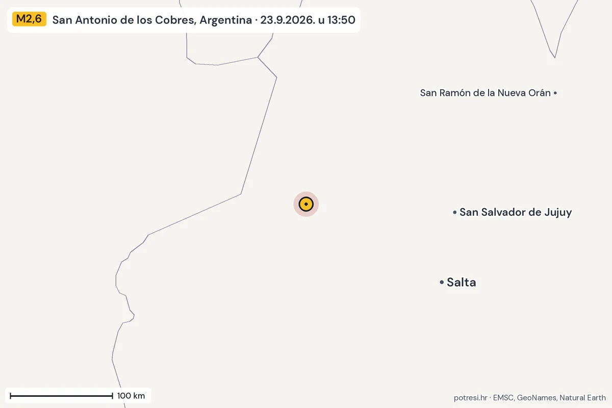 Karta: šire područje, 600 km, potres M2,6, San Antonio de los Cobres, Argentina, 23.9.2026.