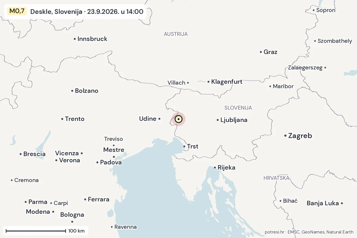 Karta: šire područje, 600 km, potres M0,7, Deskle, Slovenija, 23.9.2026.