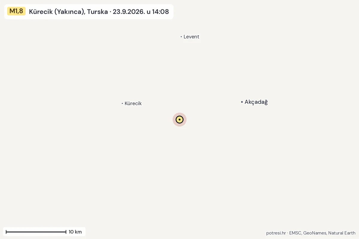 Karta: okolica epicentra, 60 km, potres M1,8, Kürecik (Yakınca), Turska, 23.9.2026.