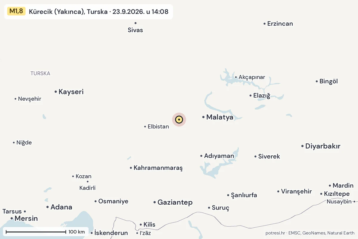 Karta: šire područje, 600 km, potres M1,8, Kürecik (Yakınca), Turska, 23.9.2026.