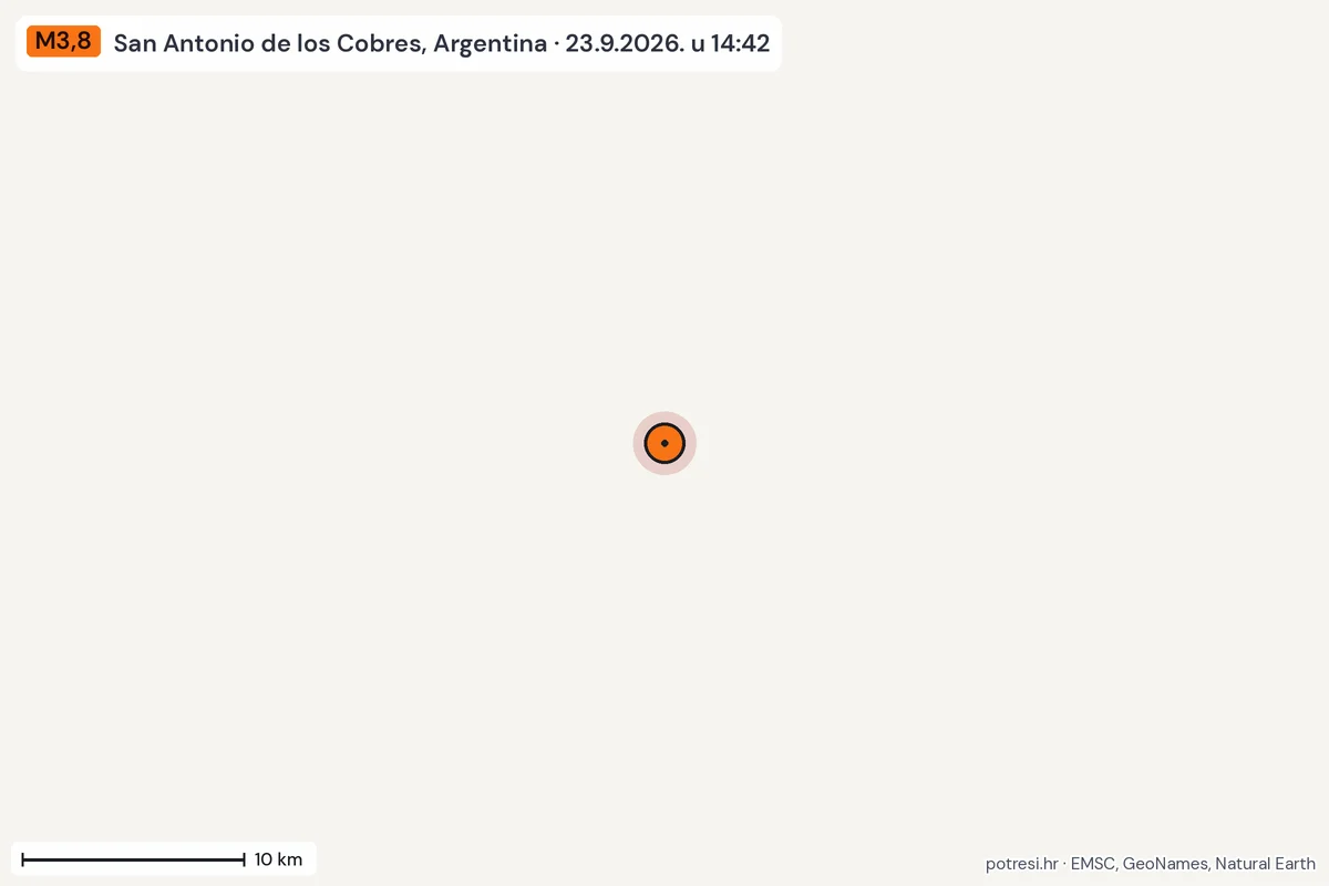 Karta: okolica epicentra, 60 km, potres M3,8, San Antonio de los Cobres, Argentina, 23.9.2026.