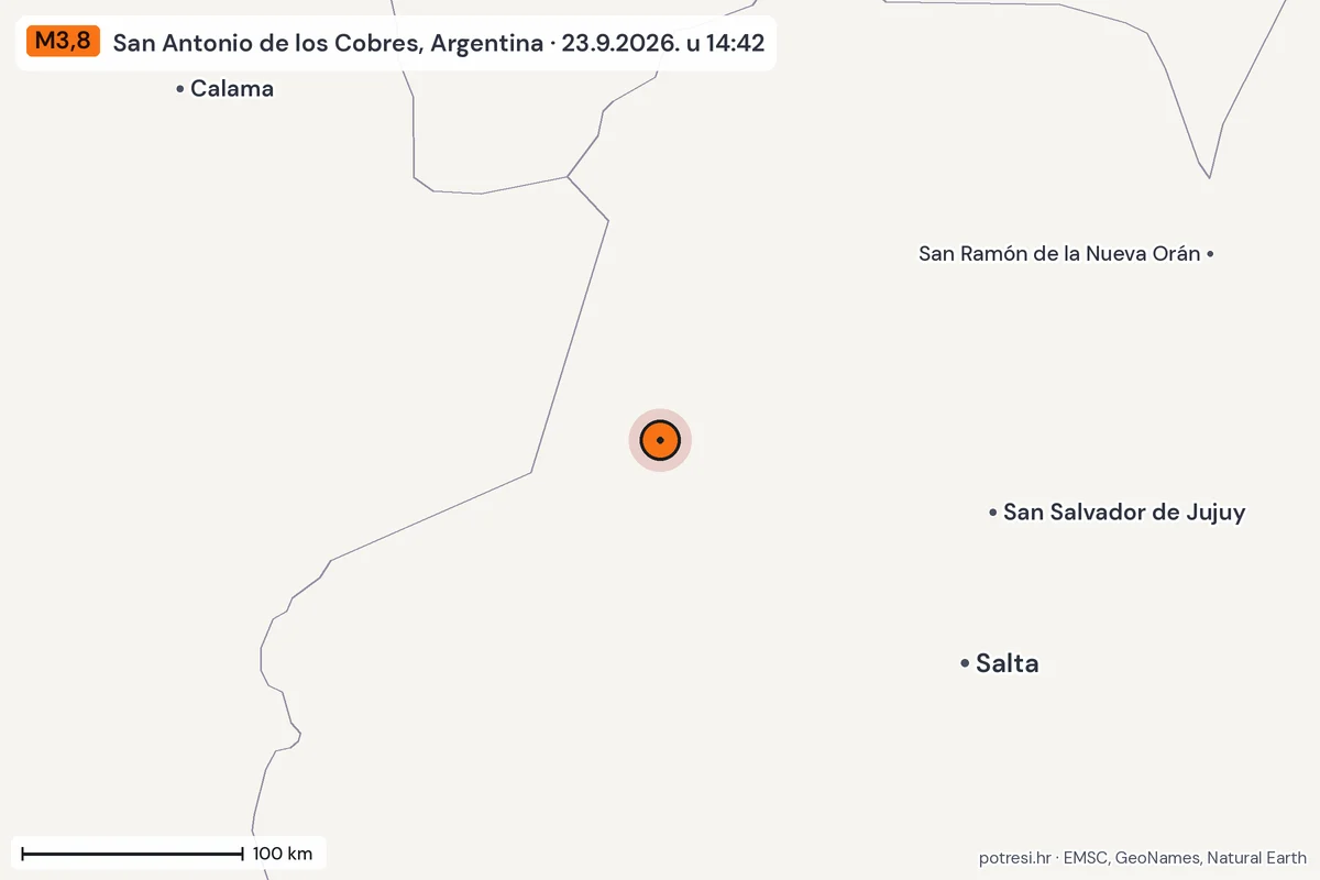 Karta: šire područje, 600 km, potres M3,8, San Antonio de los Cobres, Argentina, 23.9.2026.