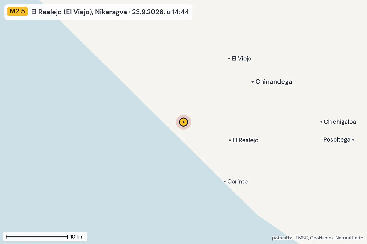 Karta: okolica epicentra, 60 km, potres M2,5, El Realejo (El Viejo), Nikaragva, 23.9.2026.
