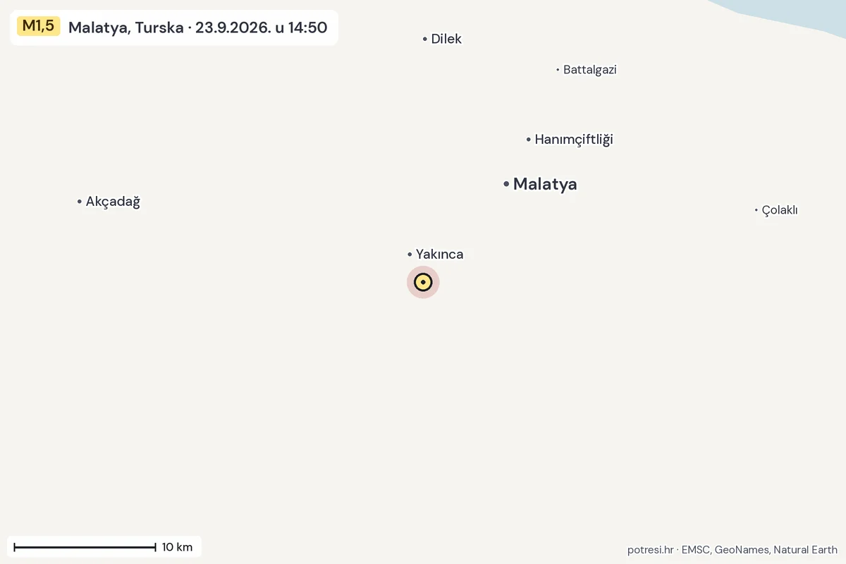 Karta: okolica epicentra, 60 km, potres M1,5, Malatya, Turska, 23.9.2026.