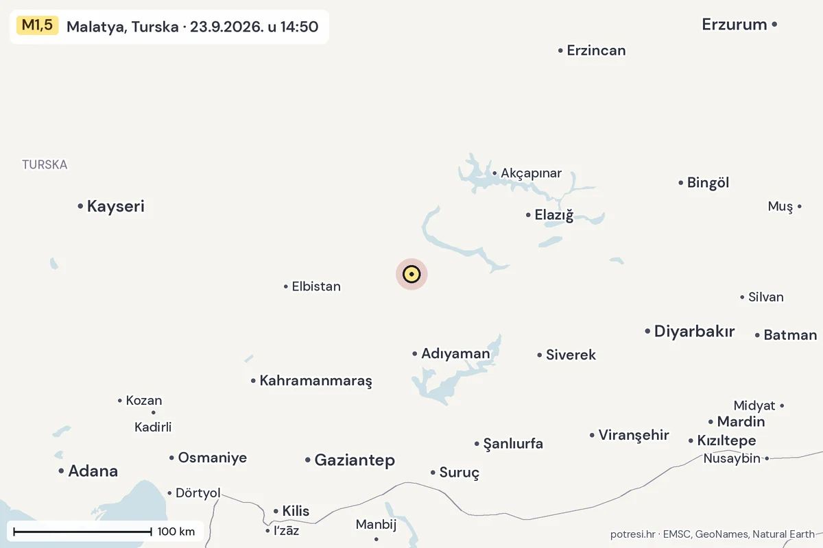 Karta: šire područje, 600 km, potres M1,5, Malatya, Turska, 23.9.2026.