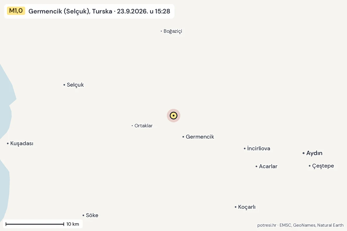 Karta: okolica epicentra, 60 km, potres M1,0, Germencik (Selçuk), Turska, 23.9.2026.