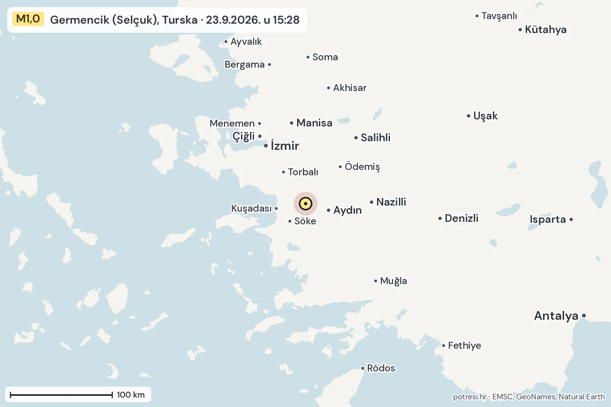Karta: šire područje, 600 km, potres M1,0, Germencik (Selçuk), Turska, 23.9.2026.