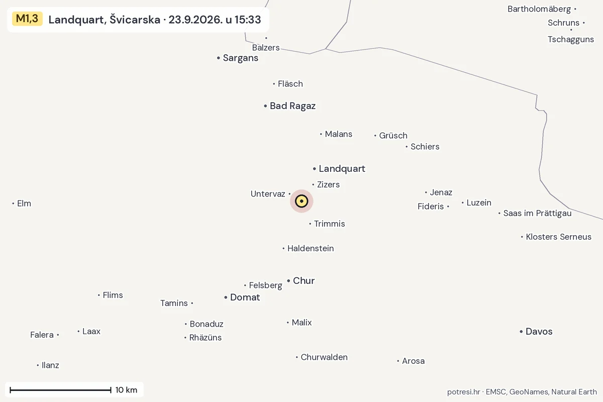 Karta: okolica epicentra, 60 km, potres M1,3, Landquart, Švicarska, 23.9.2026.