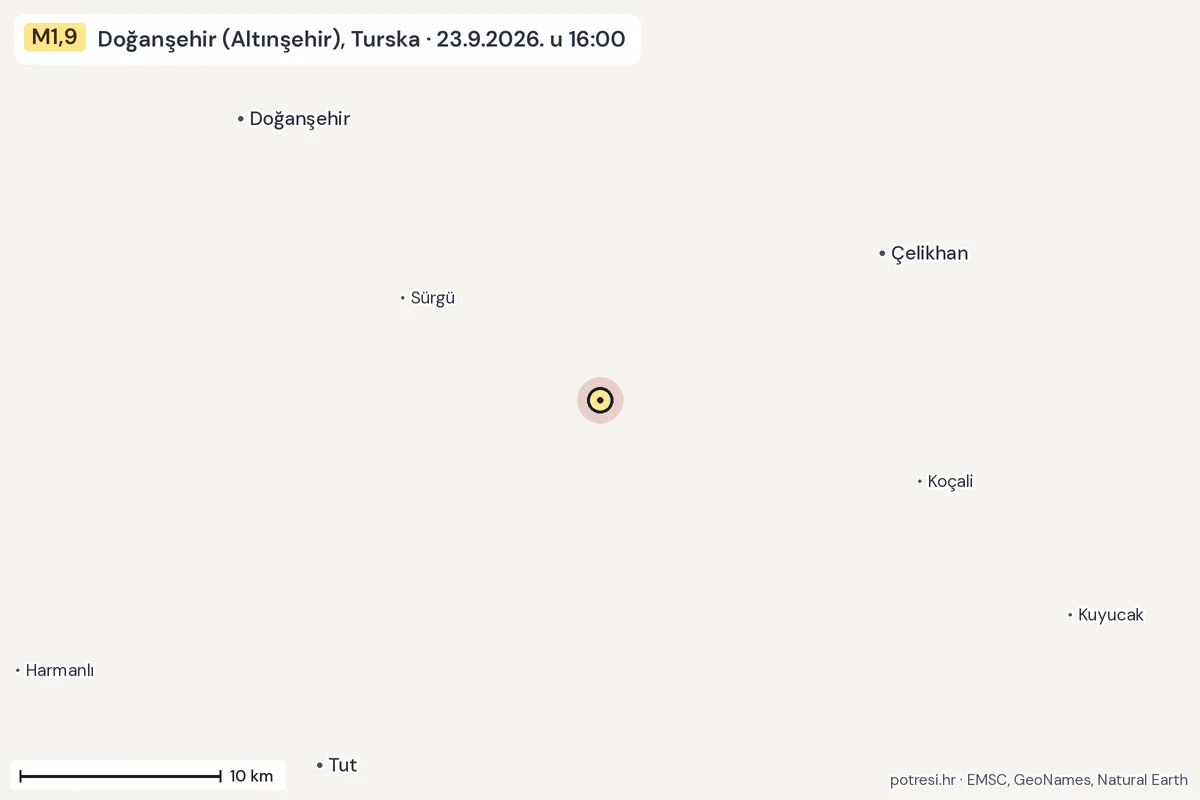 Karta: okolica epicentra, 60 km, potres M1,9, Doğanşehir (Altınşehir), Turska, 23.9.2026.