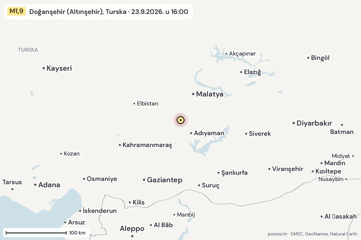 Karta: šire područje, 600 km, potres M1,9, Doğanşehir (Altınşehir), Turska, 23.9.2026.