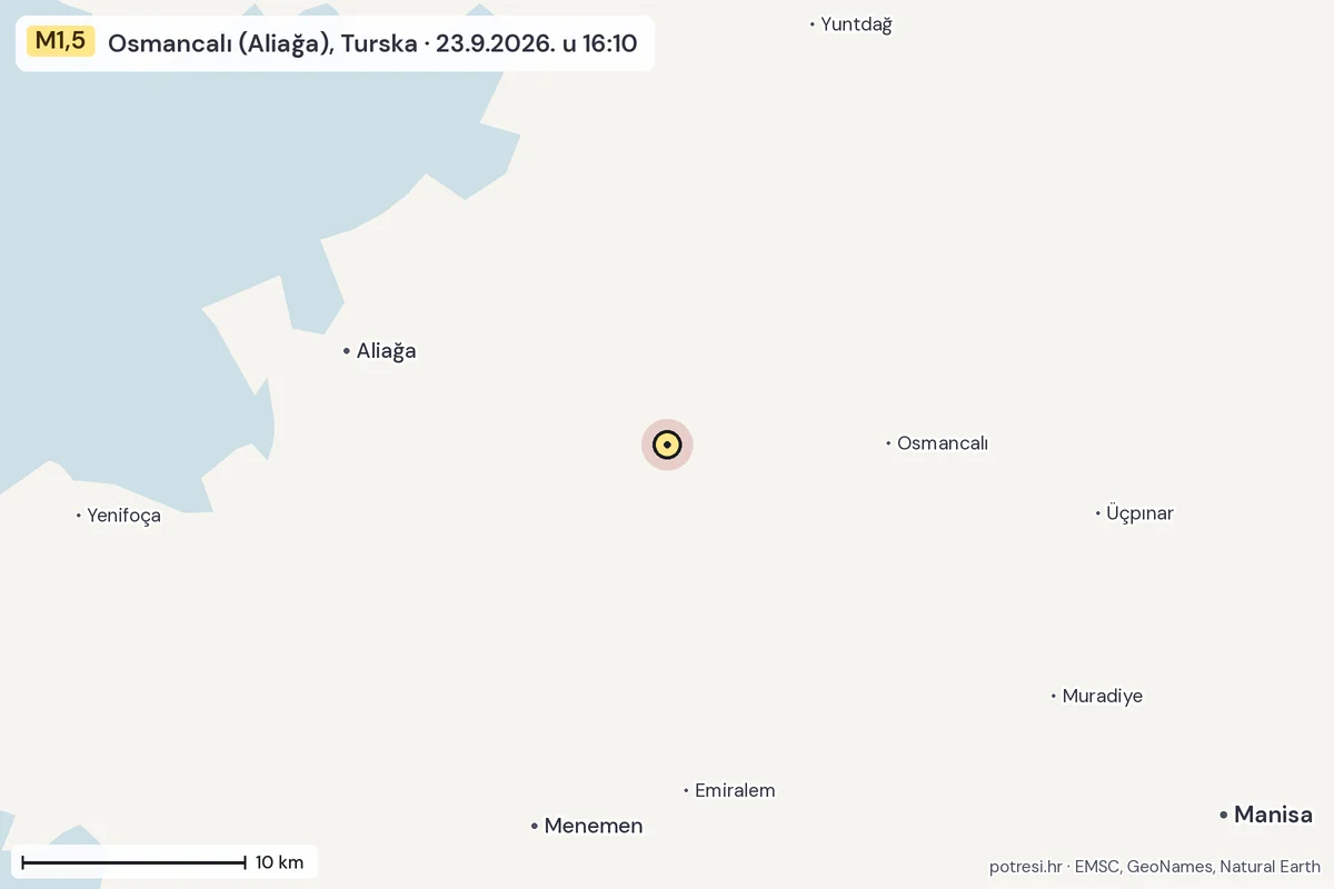 Karta: okolica epicentra, 60 km, potres M1,5, Osmancalı (Aliağa), Turska, 23.9.2026.
