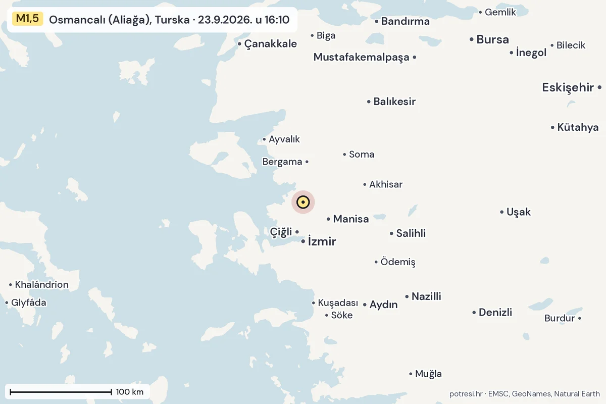 Karta: šire područje, 600 km, potres M1,5, Osmancalı (Aliağa), Turska, 23.9.2026.