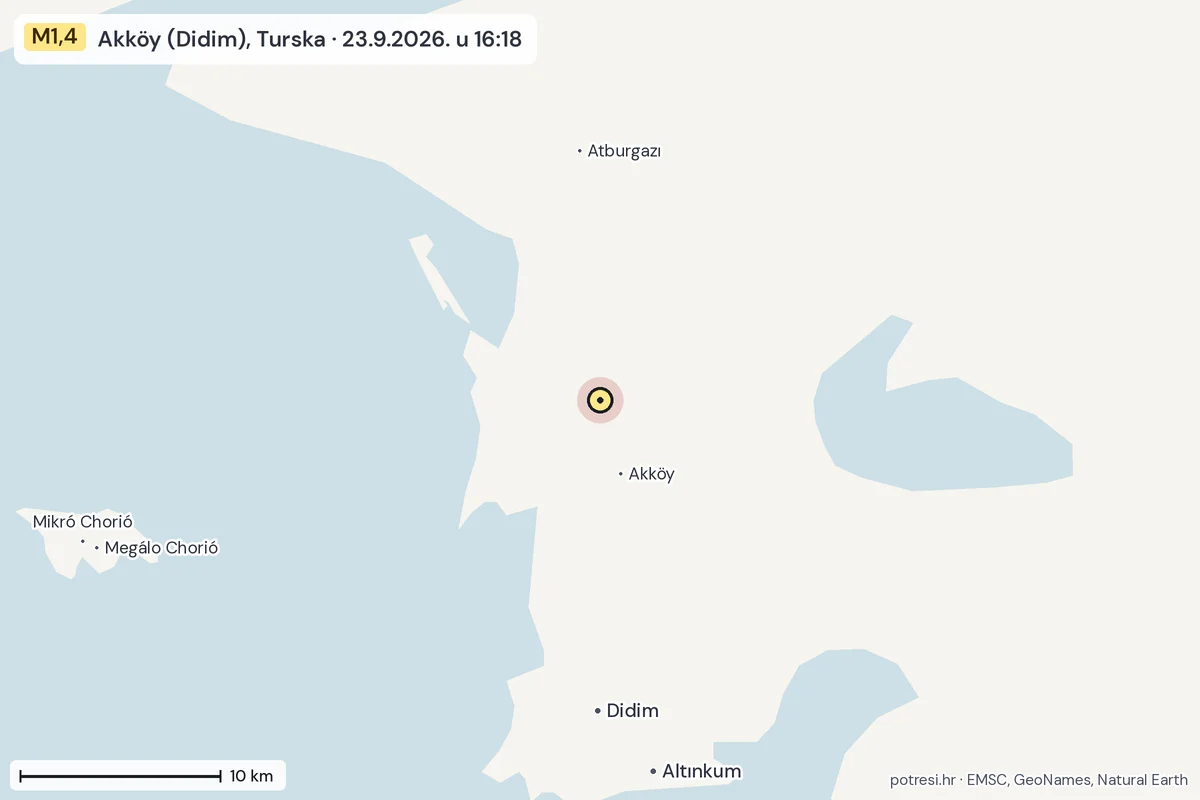 Karta: okolica epicentra, 60 km, potres M1,4, Akköy (Didim), Turska, 23.9.2026.