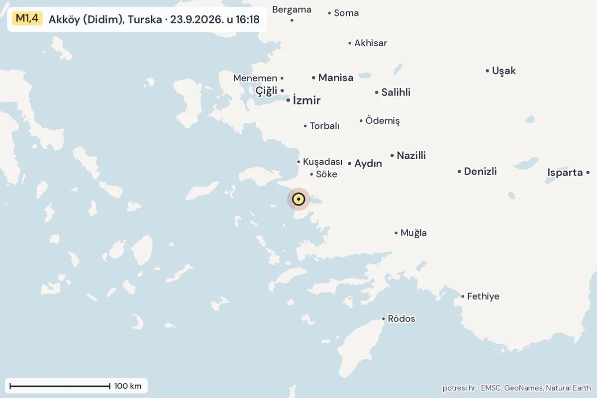 Karta: šire područje, 600 km, potres M1,4, Akköy (Didim), Turska, 23.9.2026.
