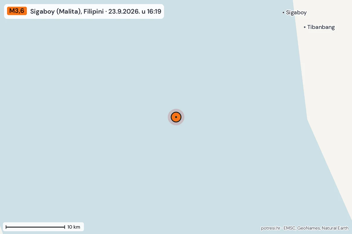 Karta: okolica epicentra, 60 km, potres M3,6, Sigaboy (Malita), Filipini, 23.9.2026.
