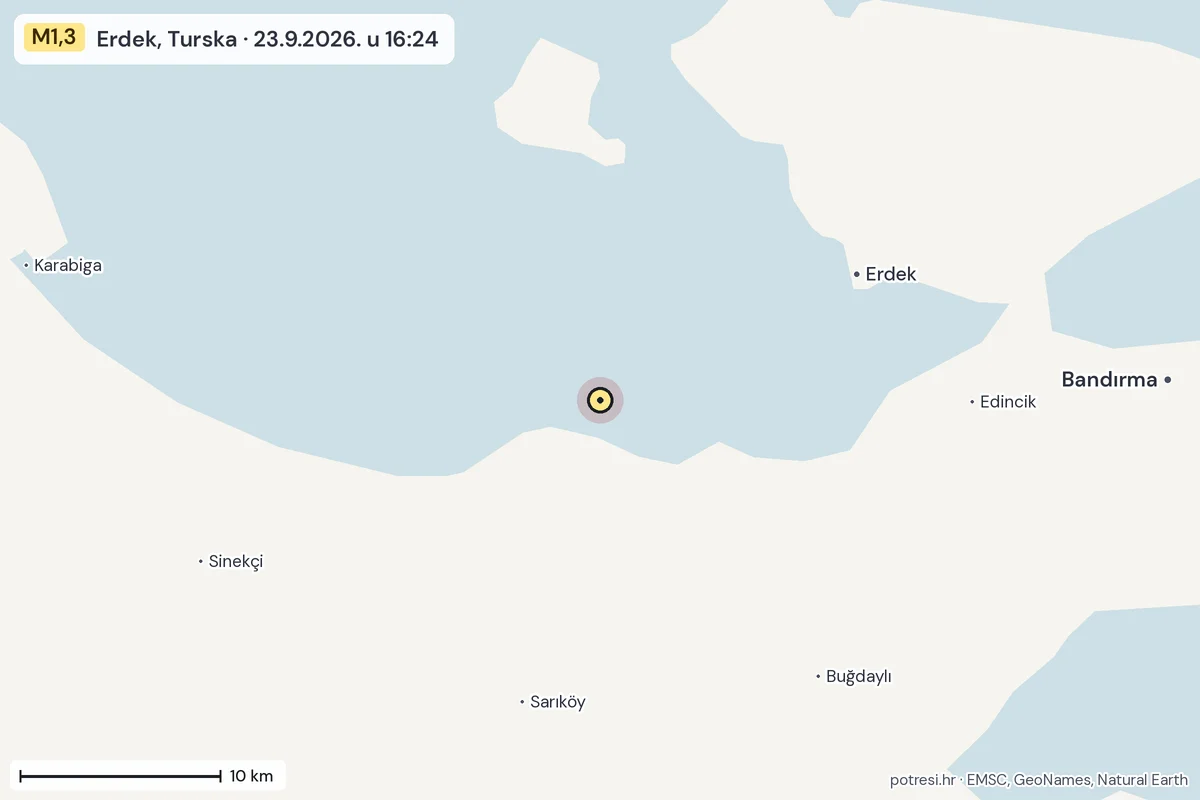 Karta: okolica epicentra, 60 km, potres M1,3, Erdek, Turska, 23.9.2026.