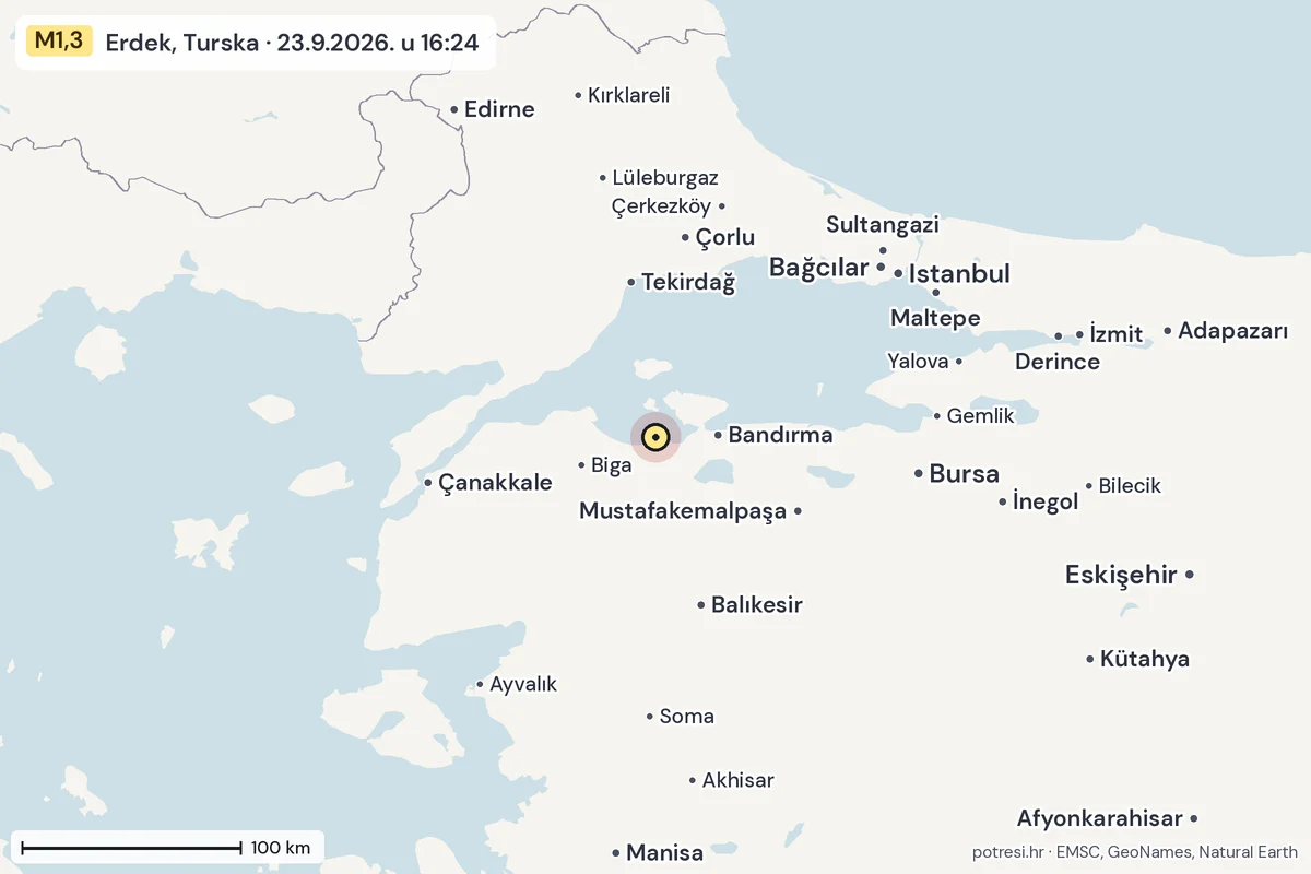 Karta: šire područje, 600 km, potres M1,3, Erdek, Turska, 23.9.2026.