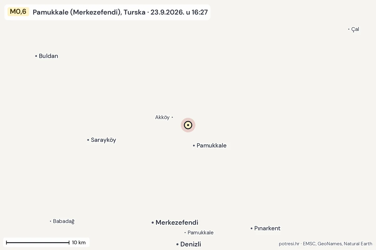 Karta: okolica epicentra, 60 km, potres M0,6, Pamukkale (Merkezefendi), Turska, 23.9.2026.