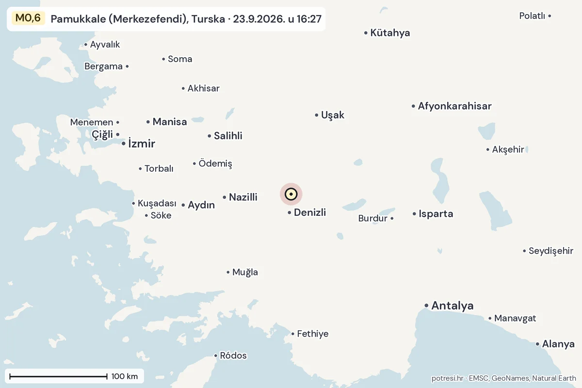 Karta: šire područje, 600 km, potres M0,6, Pamukkale (Merkezefendi), Turska, 23.9.2026.