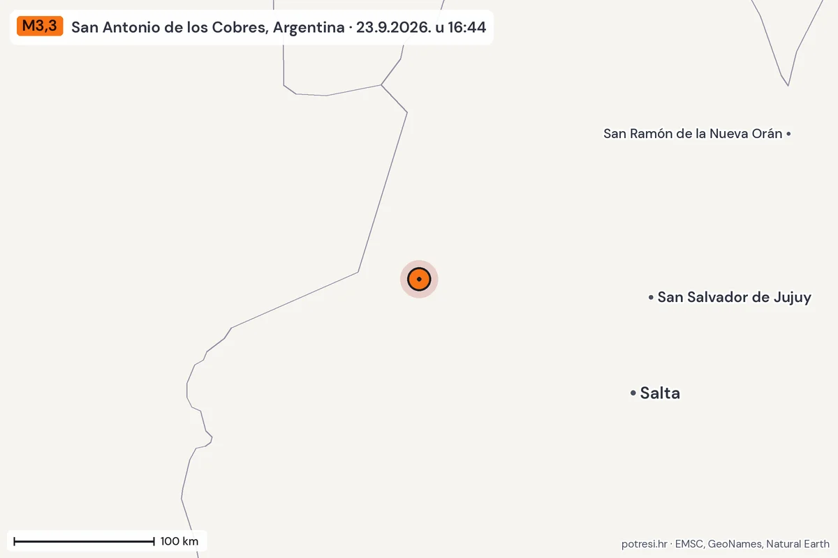 Karta: šire područje, 600 km, potres M3,3, San Antonio de los Cobres, Argentina, 23.9.2026.