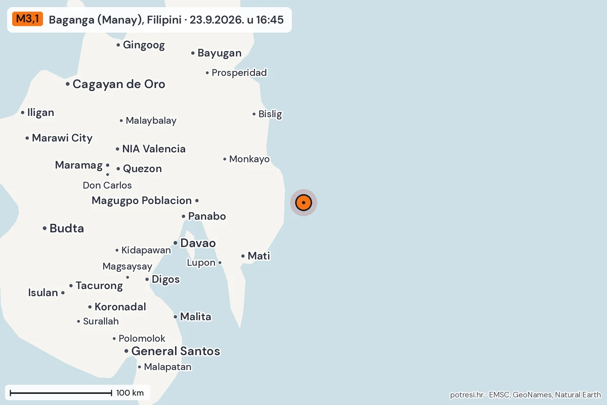 Karta: šire područje, 600 km, potres M3,1, Baganga (Manay), Filipini, 23.9.2026.