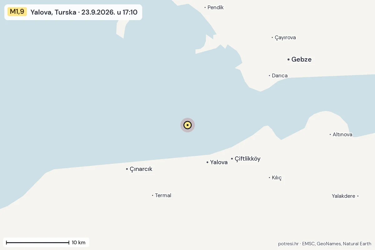 Karta: okolica epicentra, 60 km, potres M1,9, Yalova, Turska, 23.9.2026.