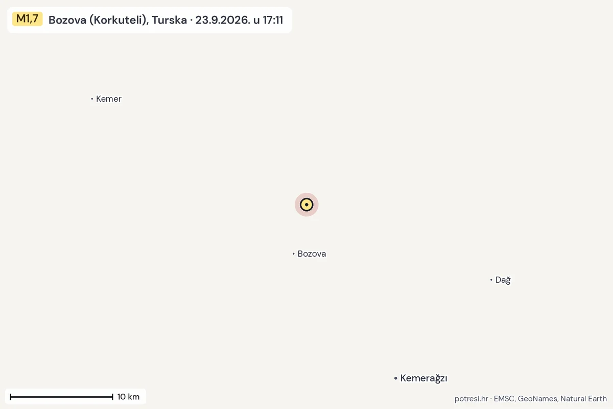 Karta: okolica epicentra, 60 km, potres M1,7, Bozova (Korkuteli), Turska, 23.9.2026.