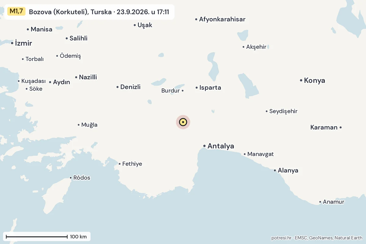 Karta: šire područje, 600 km, potres M1,7, Bozova (Korkuteli), Turska, 23.9.2026.