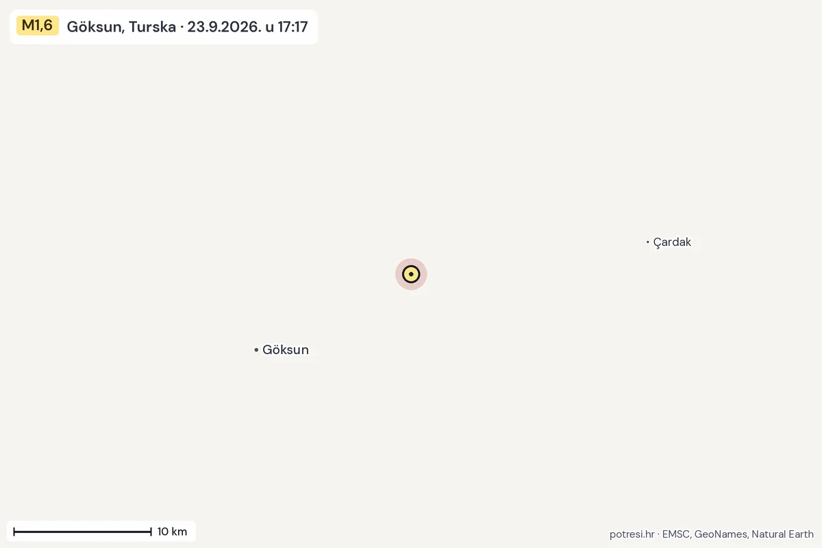 Karta: okolica epicentra, 60 km, potres M1,6, Göksun, Turska, 23.9.2026.