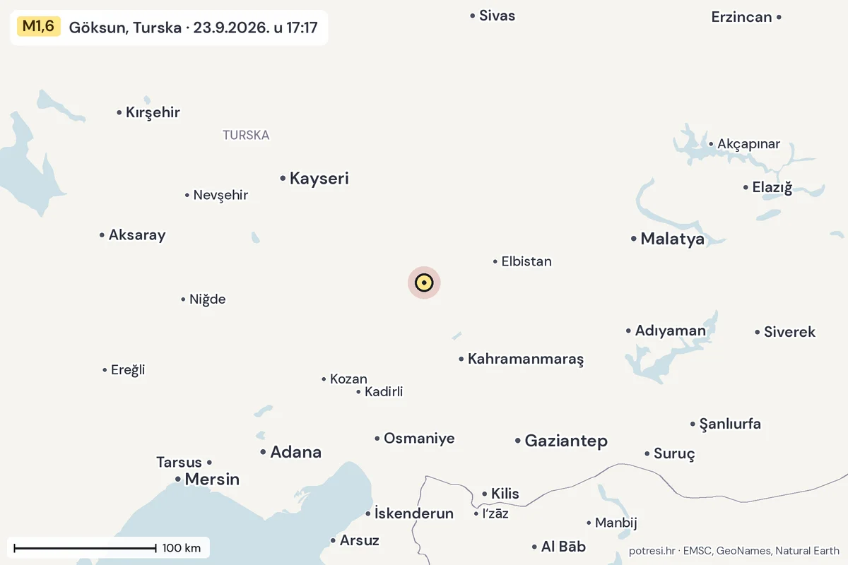 Karta: šire područje, 600 km, potres M1,6, Göksun, Turska, 23.9.2026.
