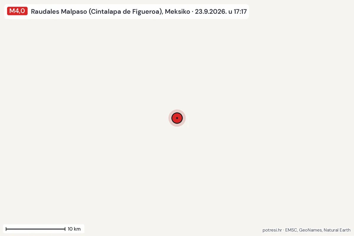 Karta: okolica epicentra, 60 km, potres M4,0, Raudales Malpaso (Cintalapa de Figueroa), Meksiko, 23.9.2026.