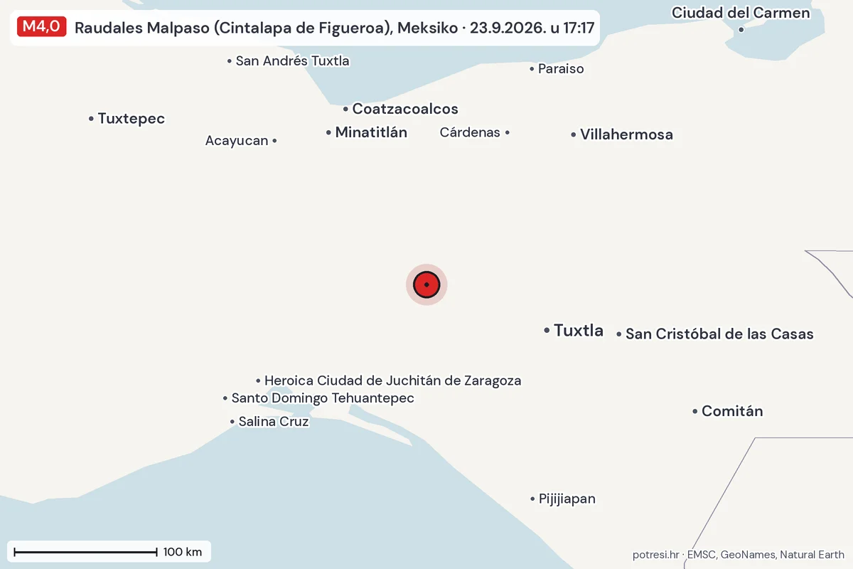 Karta: šire područje, 600 km, potres M4,0, Raudales Malpaso (Cintalapa de Figueroa), Meksiko, 23.9.2026.
