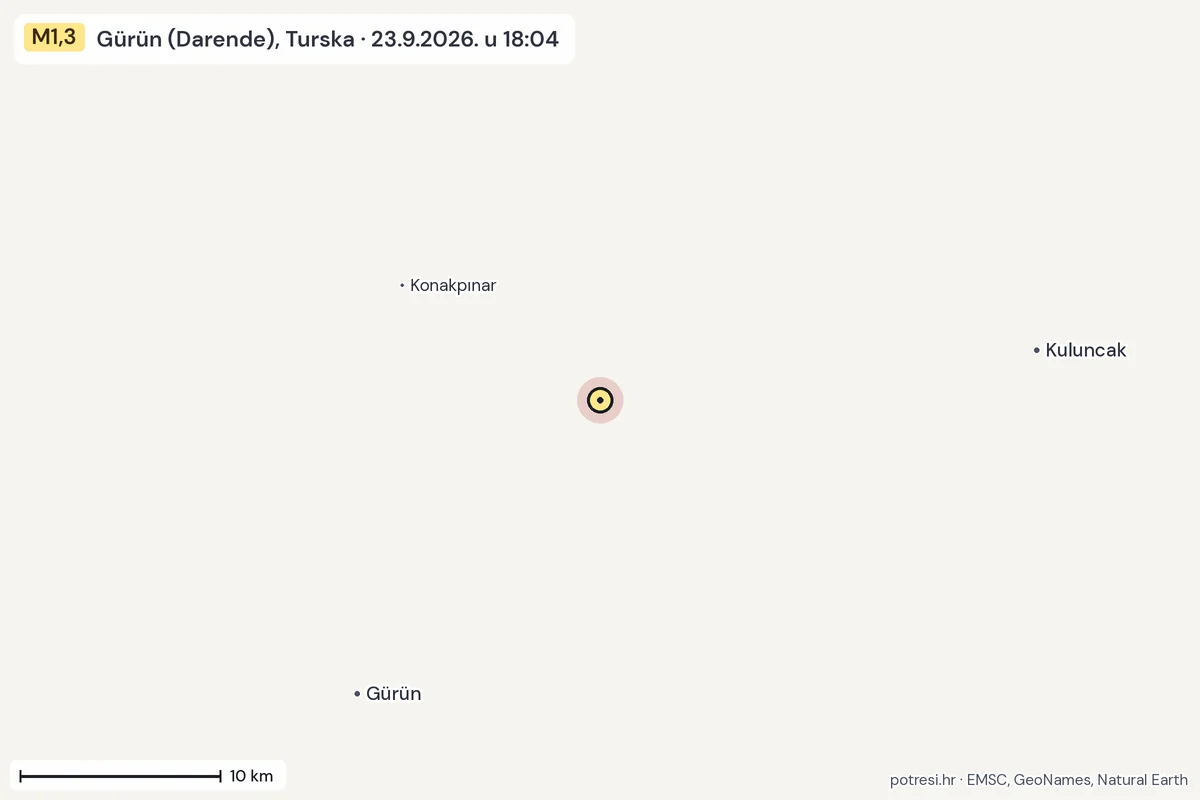 Karta: okolica epicentra, 60 km, potres M1,3, Gürün (Darende), Turska, 23.9.2026.